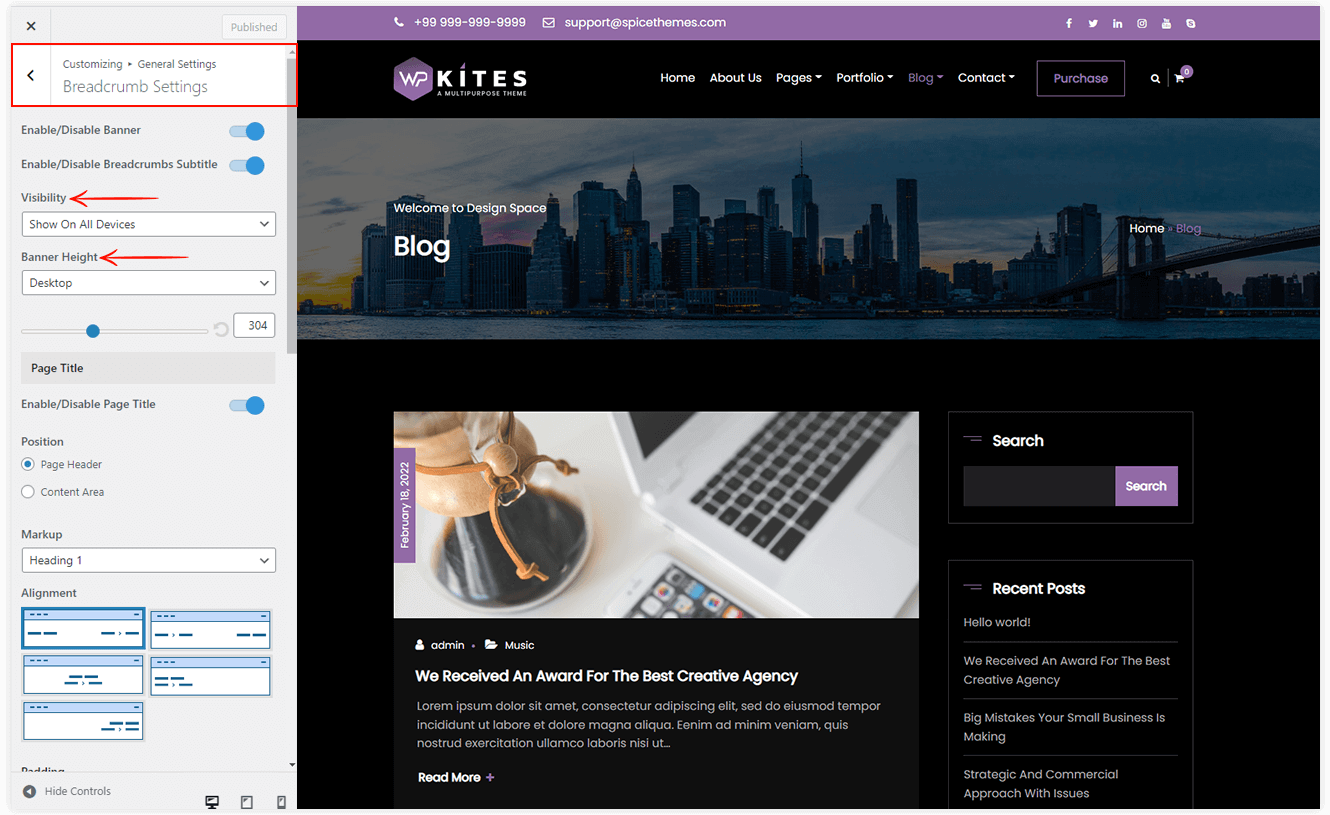 How to customize the Breadcrumbs in WPKites Plus Spicethemes