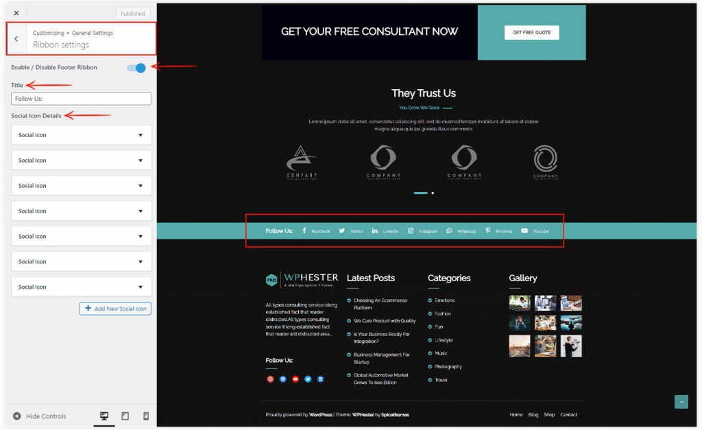 How to customize the Footer Ribbon in WPHester Plus Spicethemes Help Center